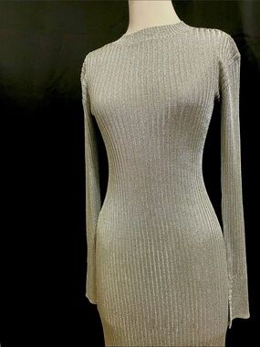 Women’s NWT H&M Long-Sleeved EVENING GOWN Sz S crafted from a silver-toned knit